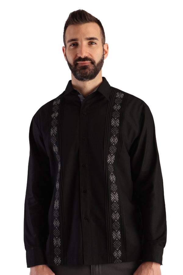 Camisa Guayabera Negra Manga Larga Corte Clásico Bordado Para Hombre
